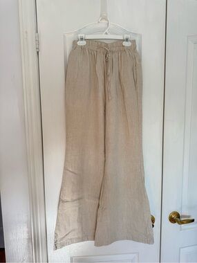 Light Beige Linen Wide-Leg Pants